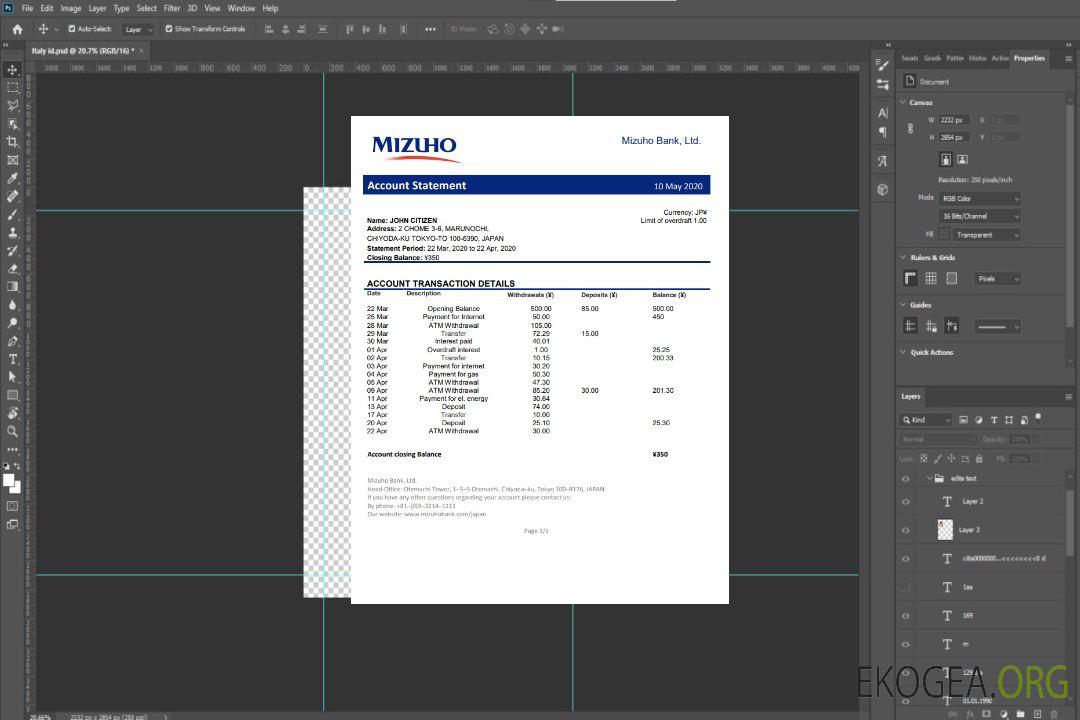Relevé de la banque japonaise Mizuho template